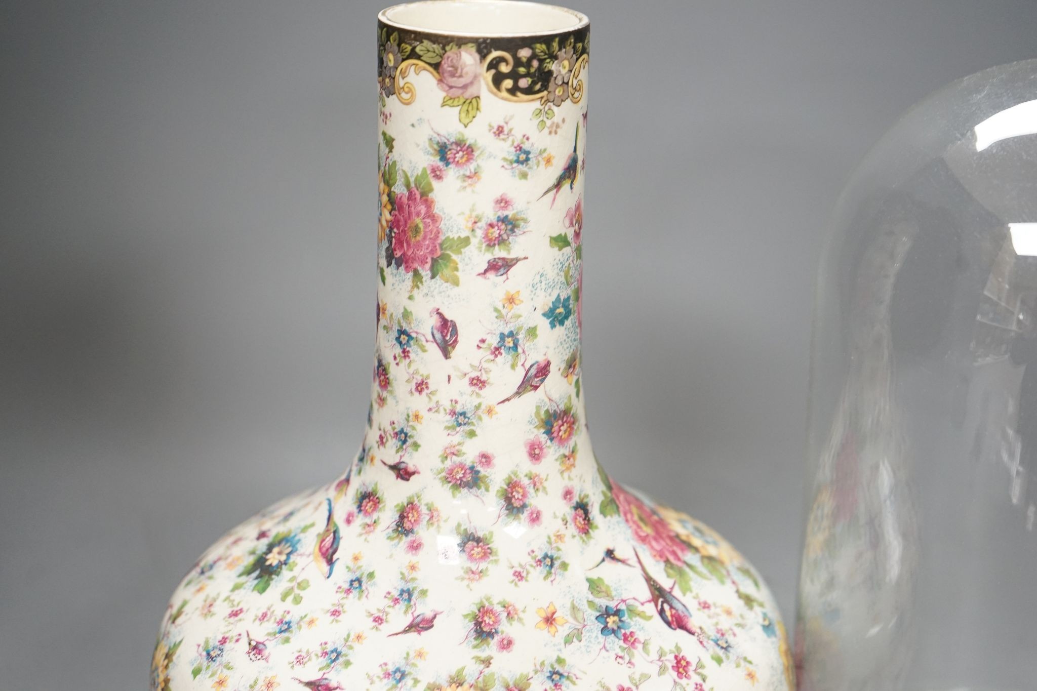 A mid 20th century Chintz vase and a glass dome, vase 27cm